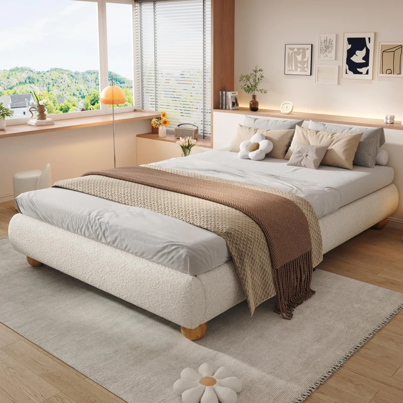Modern Upholstered Double Bed with Sturdy Slatted Frame, Bouclé Platform Bed with Rounded Modern Legs, 197L x 146W x 30H cm, Beige