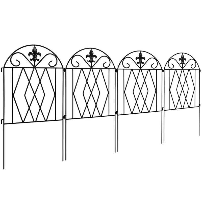 Outsunny Set de 4 Vallas de Jardín Metálicas 125x56 cm con Diseño Arqueado Resistente Fácil de Instalar para Patio Césped Negro
