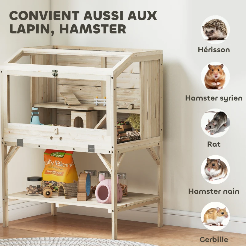 PawHut Cage hamster en bois, cage rongeur à 2 niveaux, étagère de rangement, couvercle ouvrant, 84 x 53 x 110 cm, bois naturel