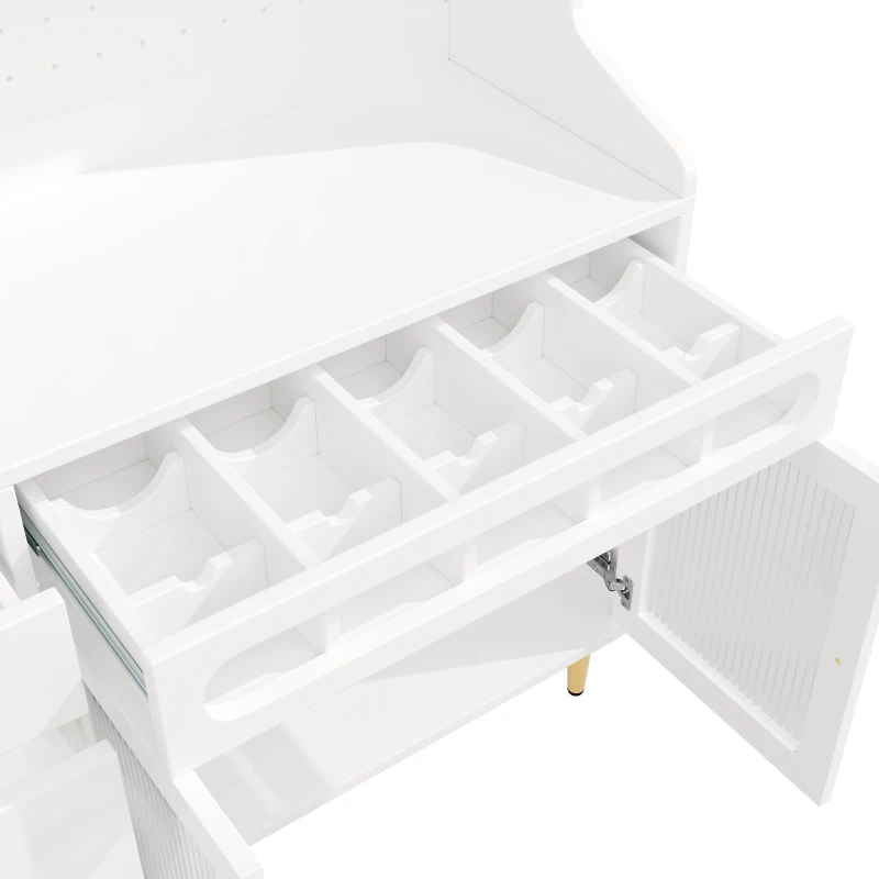 Freestanding Highboard with LED Lighting & Pull-Out Wine Rack, Tall Storage Cabinet with Sliding Glass Doors, 145L x 39W x 171H cm, White