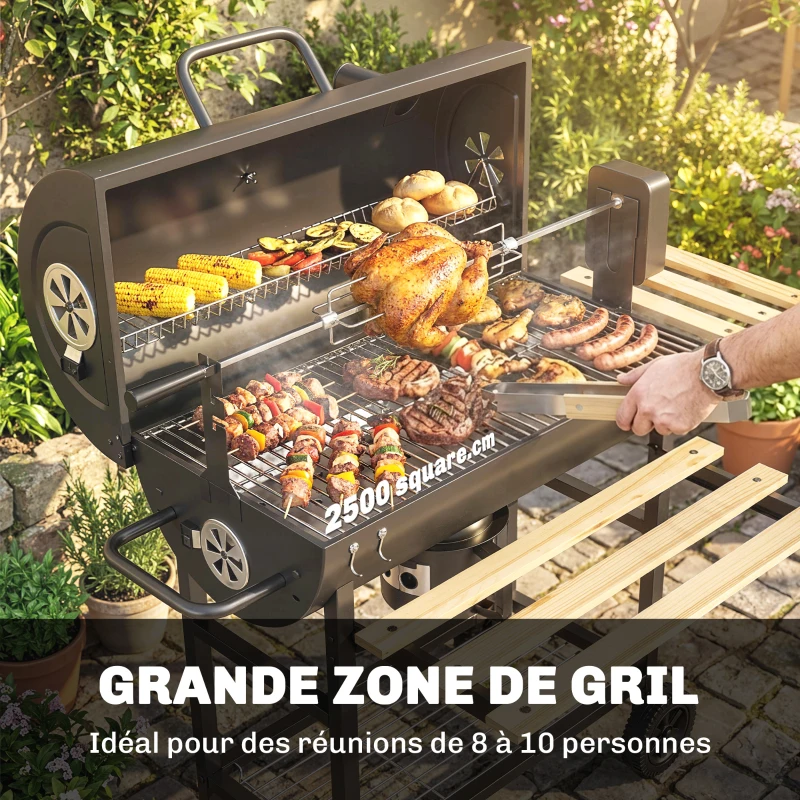 Outsunny Barbecue charbon de bois chariot de cuisson avec étagères pliables, thermomètre, roues, rôtisserie électrique, noir