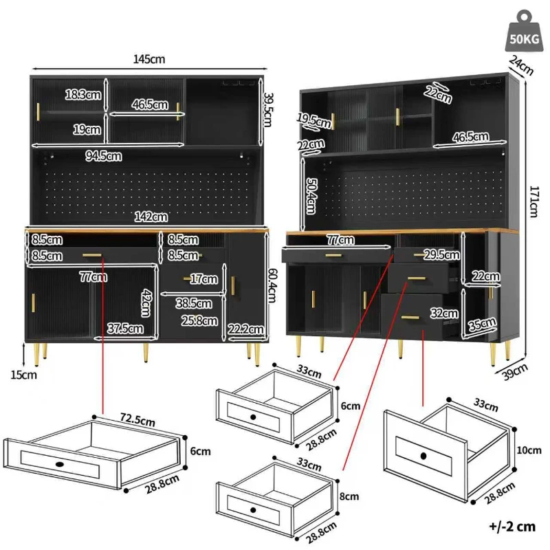 Modern Highboard with Height-Adjustable Shelves & App-Controlled LED, Tall Cabinet for Living, Dining Area, 145L x 39W x 171H cm, Black