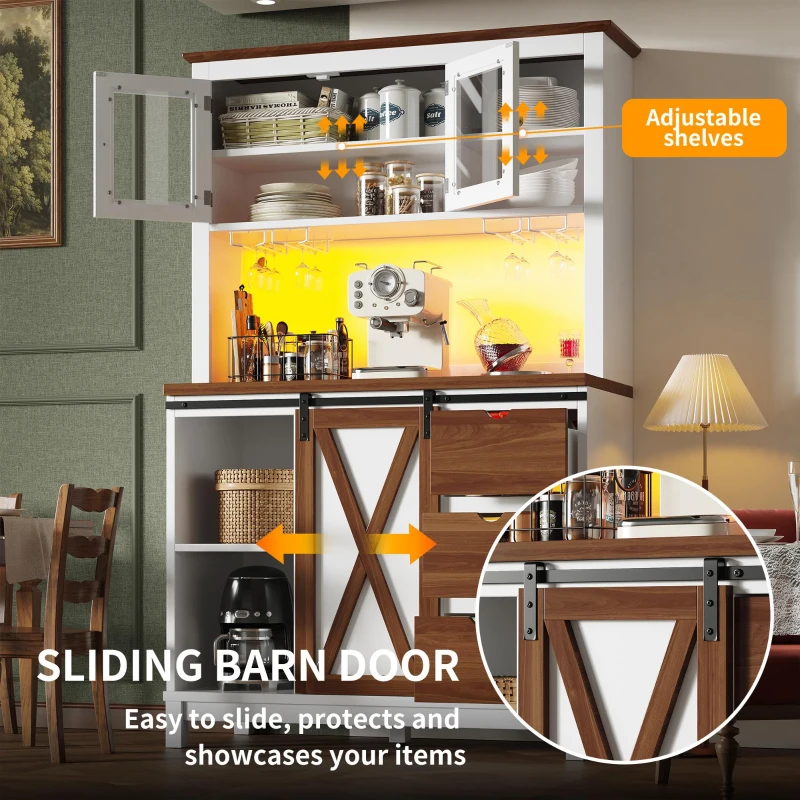 Modern Cabinet with App-Controlled RGB LED Lighting and Music Sync, Tall Sideboard with Adjustable Shelves, 104L x 40W x 180H cm, White