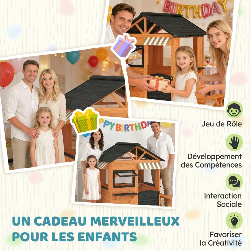 AIYAPLAY Cabane enfant extérieur en bois, maison enfant extérieur/intérieur avec cuisine de jeu, fenêtres, porte et banc, marron