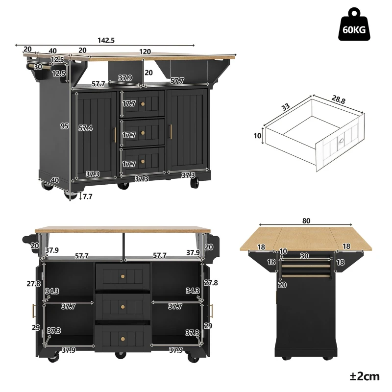 Extendable Kitchen Island with 3 Drawers and Adjustable Shelves, Trolley Cabinet with Double-Sided Drop-Leaf, 120L x 40-80W x 95H cm, Black