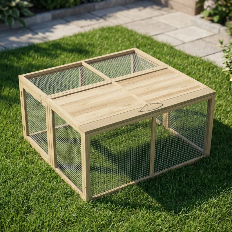 PawHut Wooden Folding Rabbit Hutch, for 2-3 Rabbits - Natural Wood