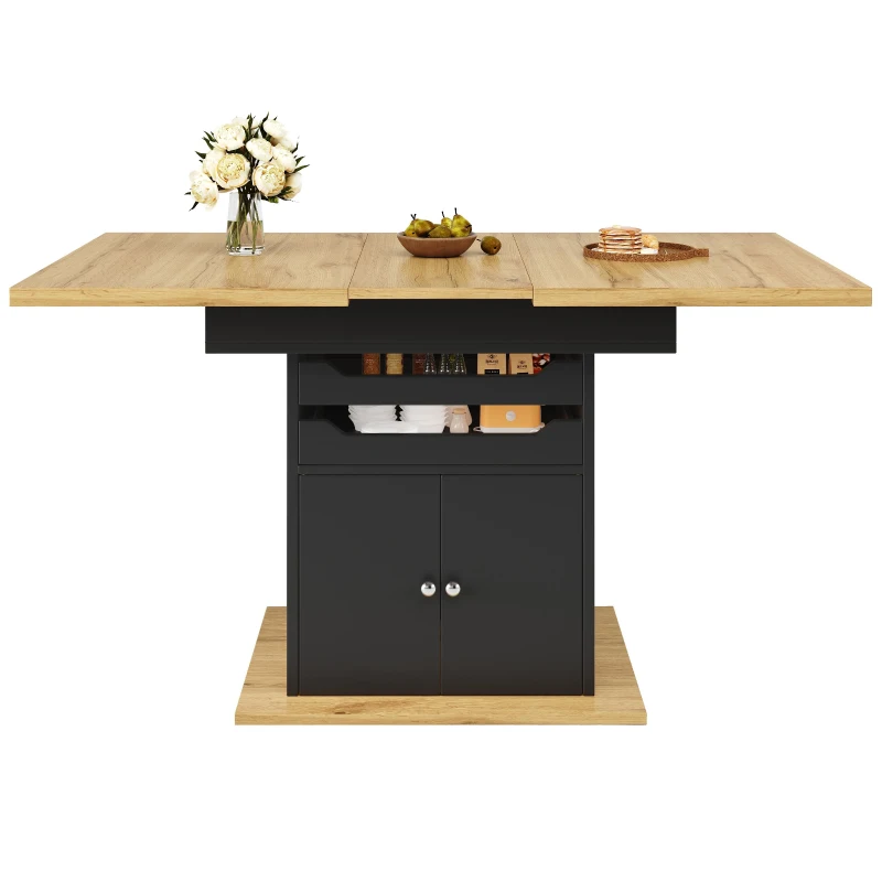 Telescopic Dining Table with 2 Pull-Out Drawers & Integrated Cabinet, Extendable Kichen Table for 4-6 people, 110-140L x 80W x 76H cm, Black
