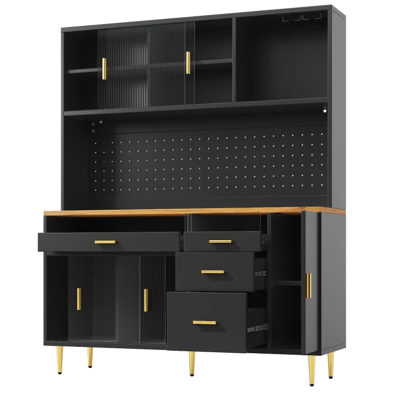 Modern Highboard with Height-Adjustable Shelves & App-Controlled LED, Tall Cabinet for Living, Dining Area, 145L x 39W x 171H cm, Black