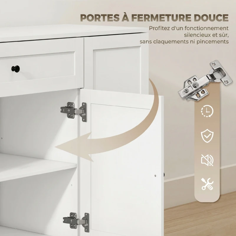 HOMCOM Buffet cuisine, meuble de rangement avec tiroir, 4 portes à fermeture douce, racks-porte et étagères réglables, blanc