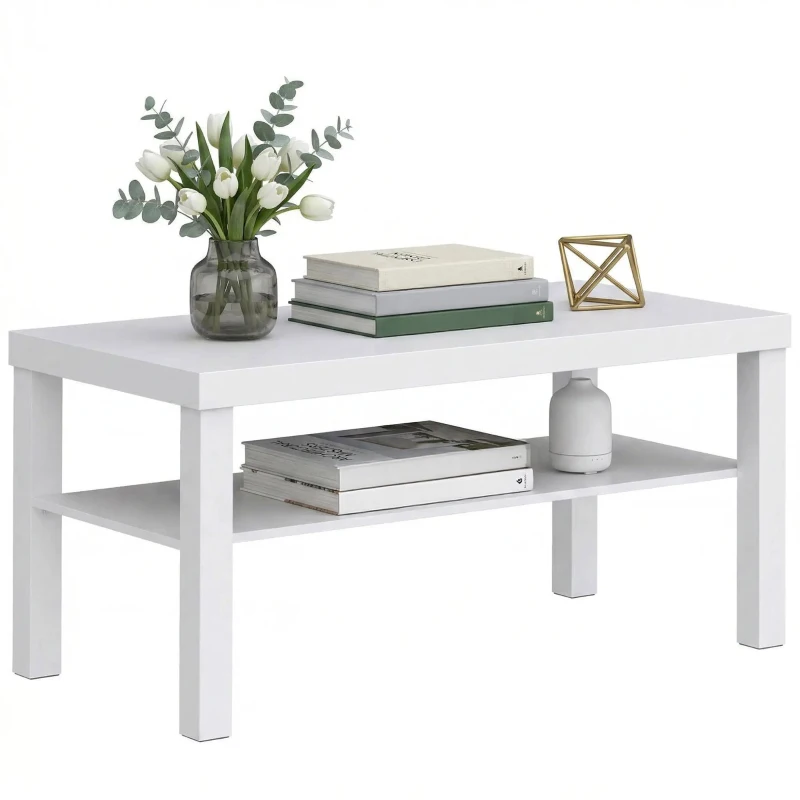 HOMCOM Masă de cafea pentru living, măsuță dreptunghiulară în 2 nivele cu raft de depozitare, 90x45x44,5cm, alb