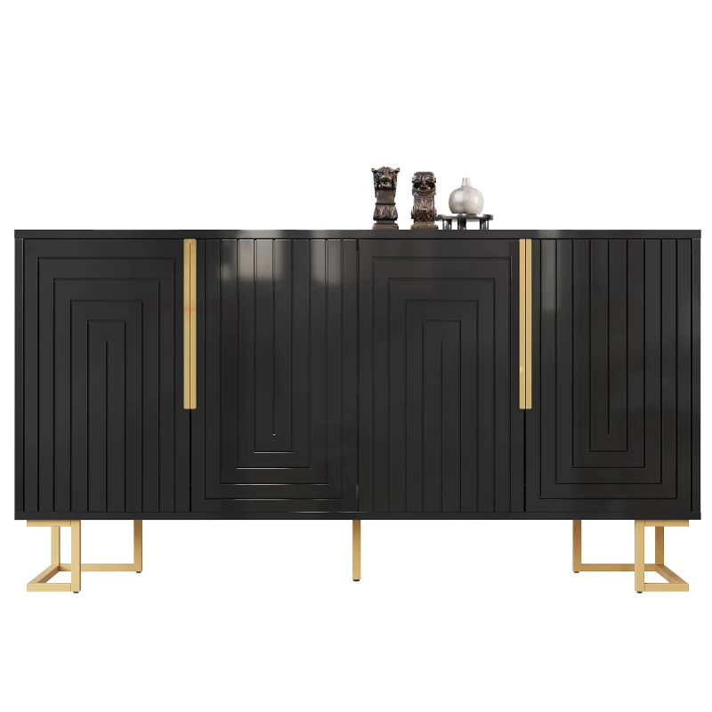 Stylish Sideboard with 2 Doors, 4 Shelves and Geometric Door Design, Durable Cabinet with Slim Metal Feet, 152L x 40W x 75H cm, Black