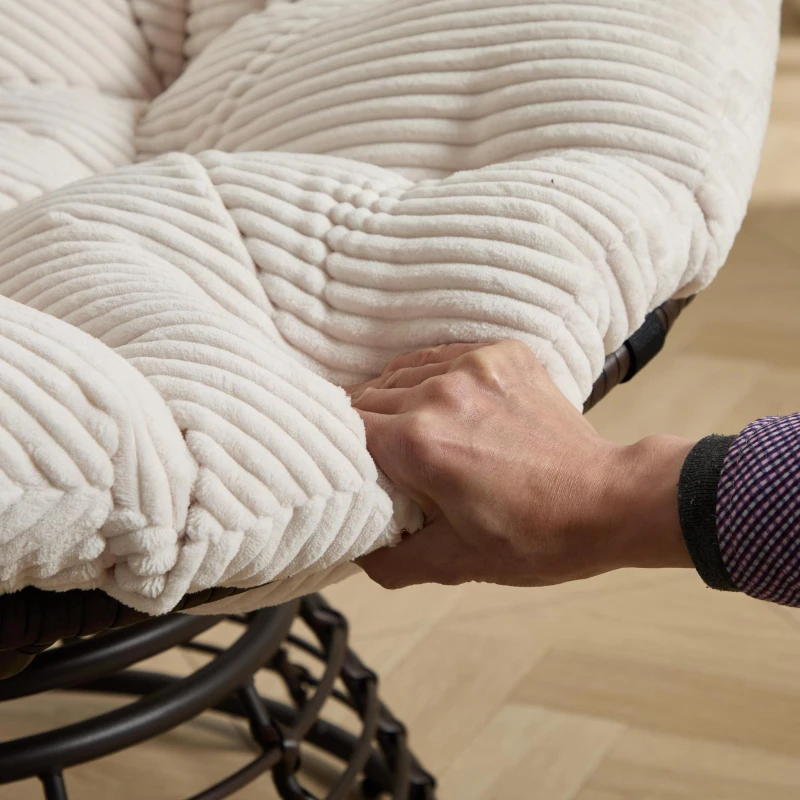 Poltrona Papasan, girevole a 360°, cuscino spesso(tessuto a coste), struttura in acciaio, 92x92x67 cm, Bianco