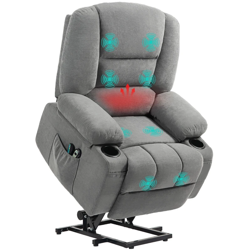 HOMCOM Fauteuil releveur relax électrique, fonction massage et chaleur, inclinaison réglable, repose-pied, télécommandes, gris