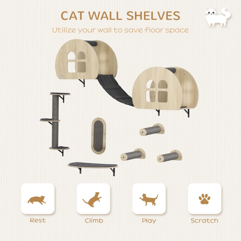 PawHut Cat Wall Shelves, 7 Piece Cat Shelf Set with Dual Condo with Ladder, Jumping Platform, Perch, Sisal Scratching Posts & Board, Kitty Playground Activity Centre, Oak