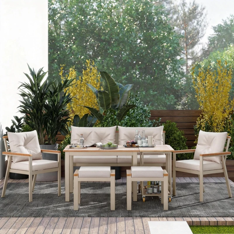 Set tavolo e sedie da pranzo per giardino 6-7 posti, mobili da giardino con poltrone e carrello portavivande rimovibile, Beige+Colore naturale