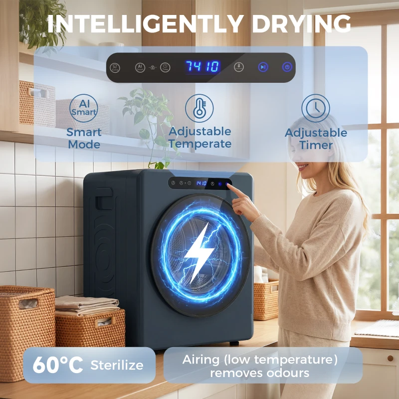 HOMCOM 5 kg wywiewna suszarka, 1000 W, kompaktowa, wolnostojąca, z bębnem ze stali nierdzewnej, timer, niebieska