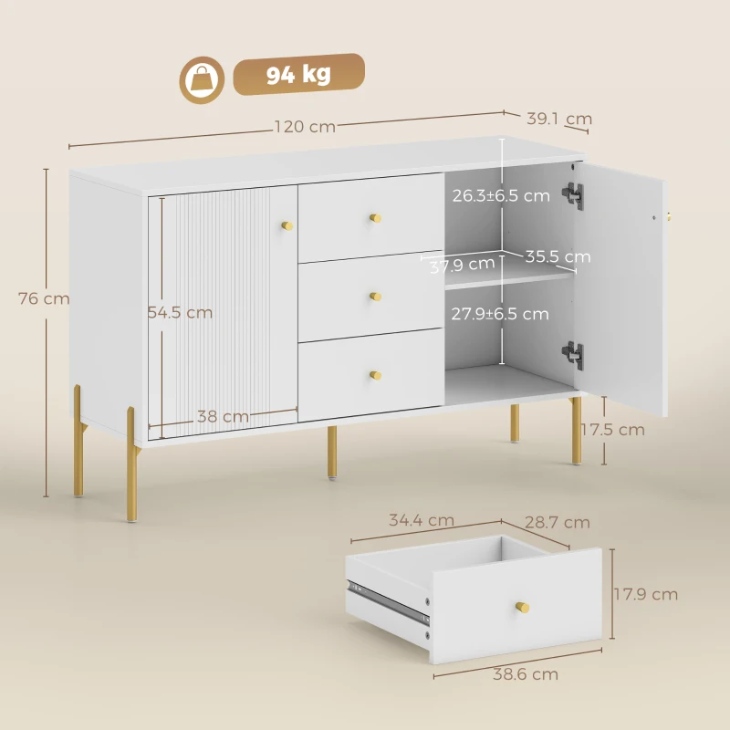 HOMCOM Credenza Moderna da Salotto con 2 Ante, 3 Cassetti e Ripiani Regolabili, 120x39,1x76 cm, Bianco