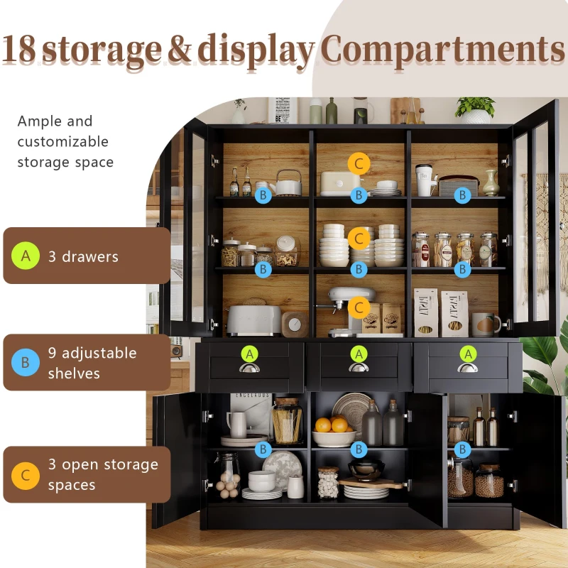 Freestanding Display Cabinet with Adjustable Shelves & Soft-Close Hinges, Tall Sideboard for Living Area, 140L x 38.5W x 175H cm, Black