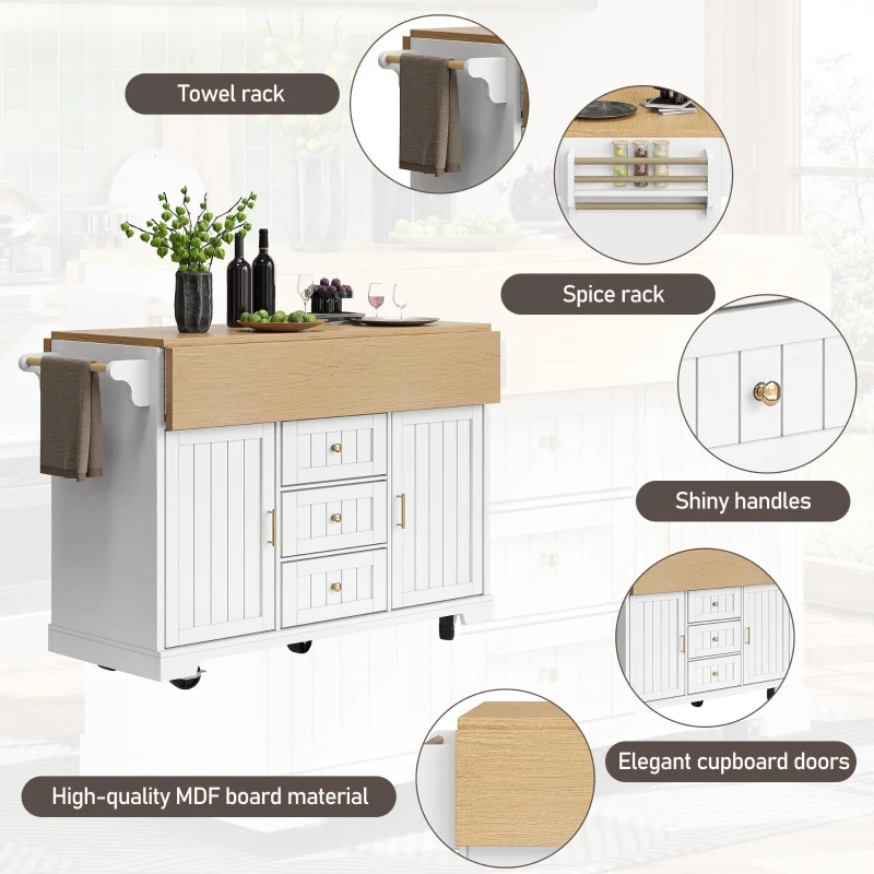 Extendable Kitchen Island with 3 Drawers, 2 Doors & Adjustable Shelves, Versatile Trolley for Prep and Dining, 120L x 40-80W x 95H cm, White