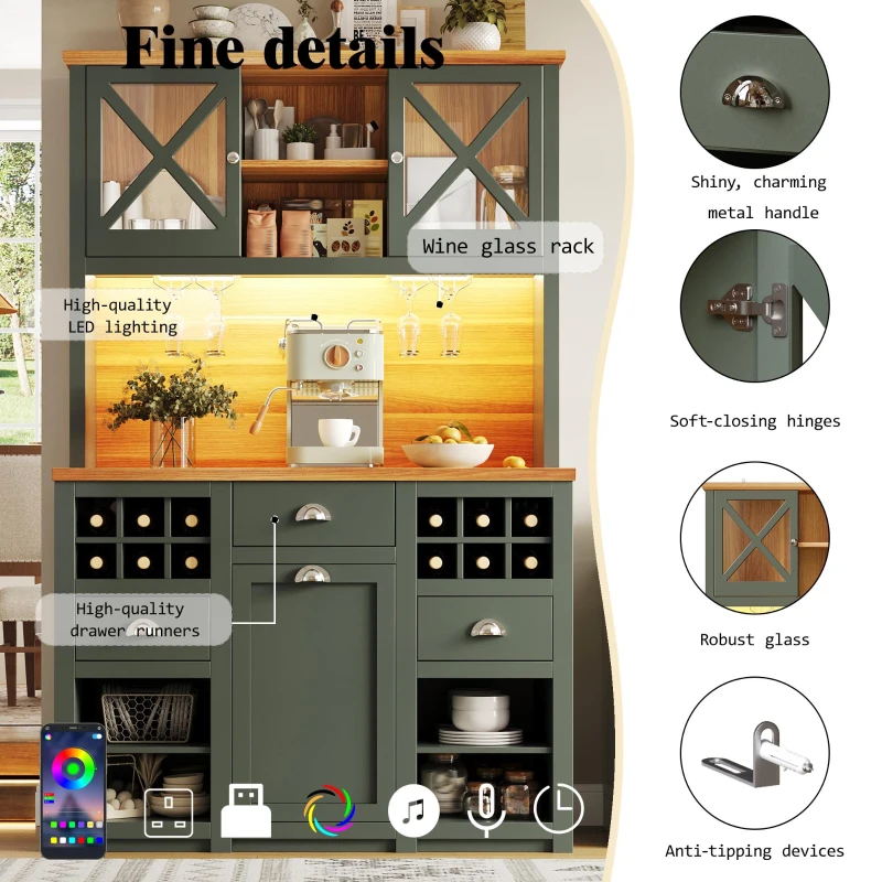 Tall Kitchen Cabinet with Glass Doors and LED Lighting, Versatile Sideboard with Adjustable Shelves, 120L x 45W x 188H cm, Antique Green