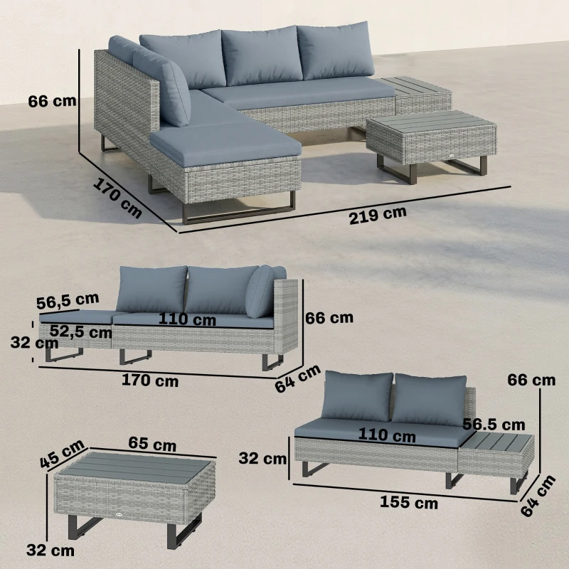 Outsunny Salon de Jardin d'Angle en Résine Tressée 5 Places Modulable avec Méridienne Réglable avec Table en Composite Gris