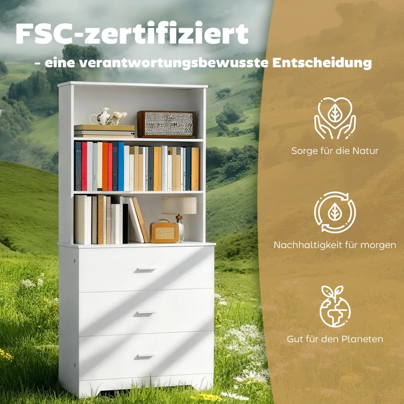 HOMCOM Bücherschrank Hochschrank Vitrinenschrank mit 3 Schubladen, 3 offen Regalen, für Wohnzimmer Küche, 79x39,5x180 cm, Weiß