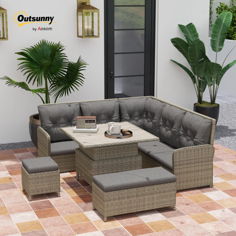Outsunny 6 Pieces Outdoor PE Rattan Garden Furniture, Patio Wicker Sectional Conversation Corner Sofa w/ Soft Padded Cushion & Liftable Coffee Table, Light Grey