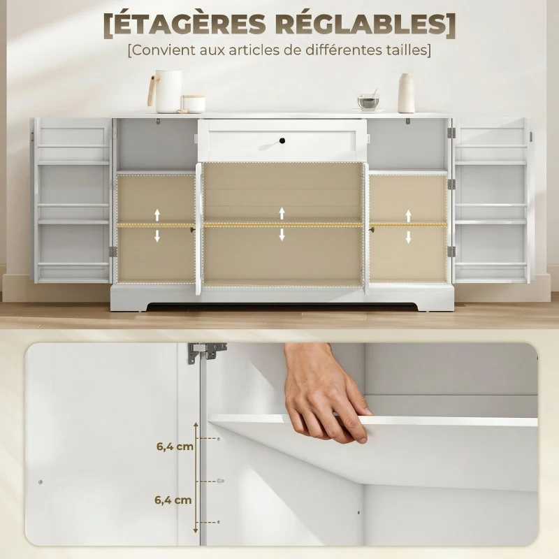 HOMCOM Buffet cuisine, meuble de rangement avec tiroir, 4 portes à fermeture douce, racks-porte et étagères réglables, blanc