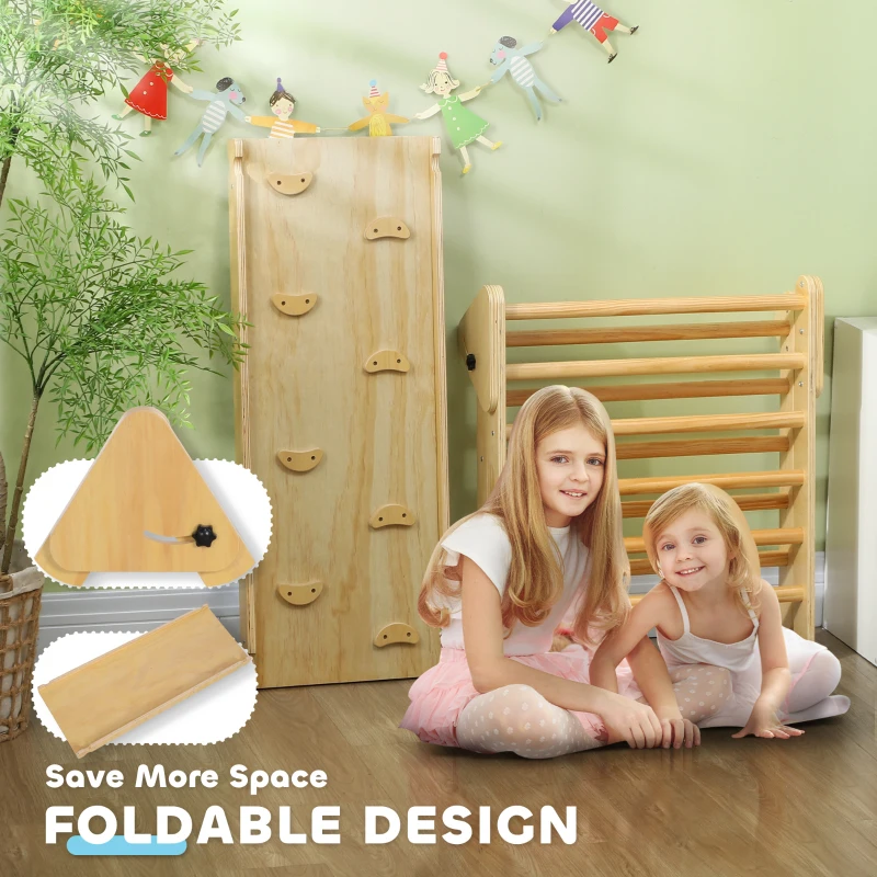 AIYAPLAY Toddler Climbing Frame, Wooden Climbing Frame Indoor for Kids with Ramp, 2 in 1 Pikler Triangle Set Baby Gym for 18-48 Months, Natural Wood Finish