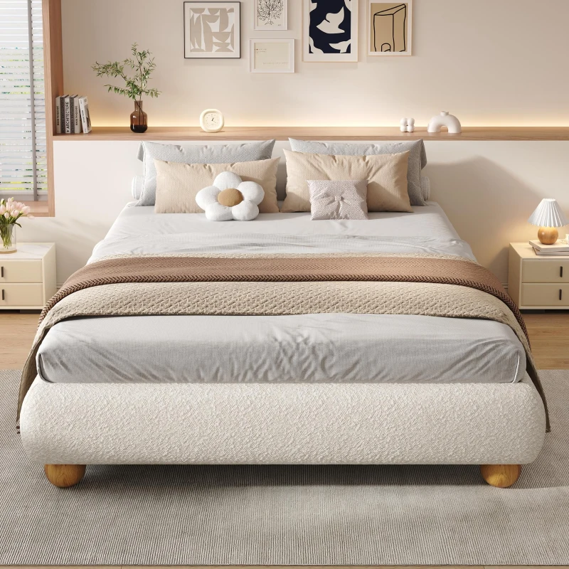 Modern Upholstered Double Bed with Sturdy Slatted Frame, Bouclé Platform Bed with Rounded Modern Legs, 197L x 146W x 30H cm, Beige