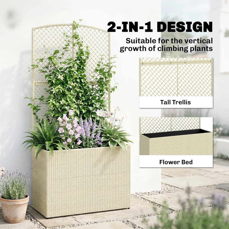 Outsunny Podwyższona grządka z kratką w stylu rattanu donica na rośliny pnące do ogrodu, na balkon, 80 x 30 x 163 cm, beżowa