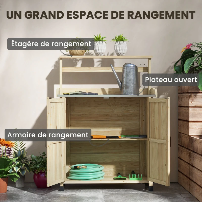 Outsunny Table de rempotage table de jardinage placard et étagères et plateau patins antidérapants 90,5x41x124,5cm bois naturel