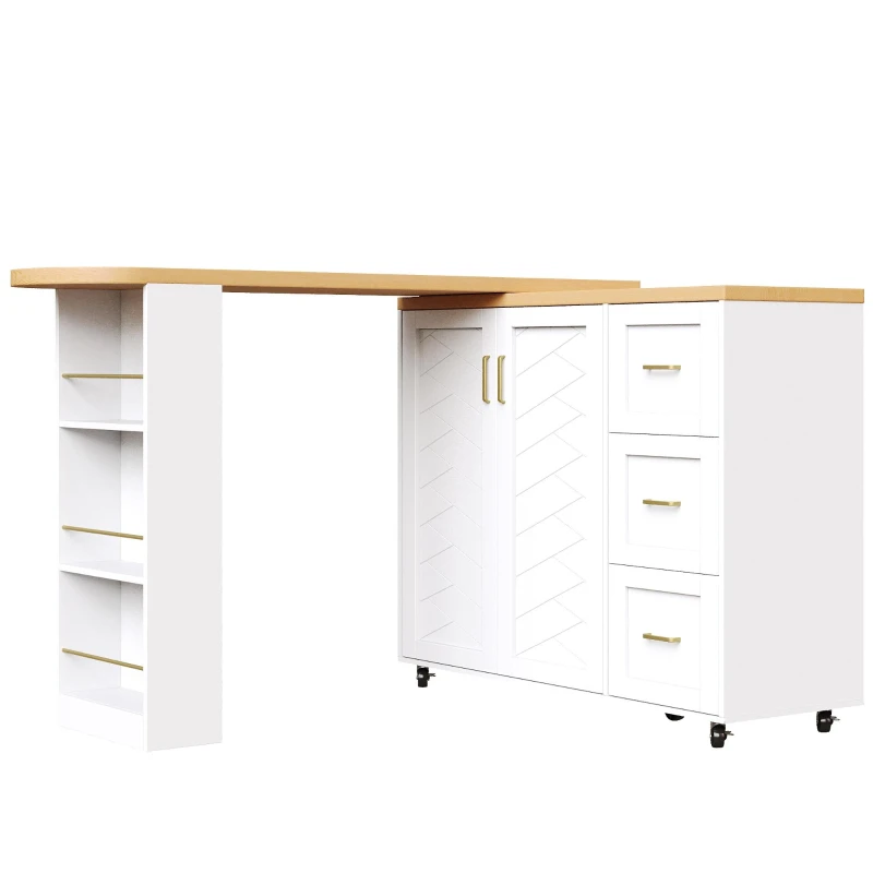 Multifunctional Kitchen Island for Dining & Living Areas, Extendable Bar Cart with 2 Doors & 3 Drawers, 135-228L x 39W x 104H cm, White
