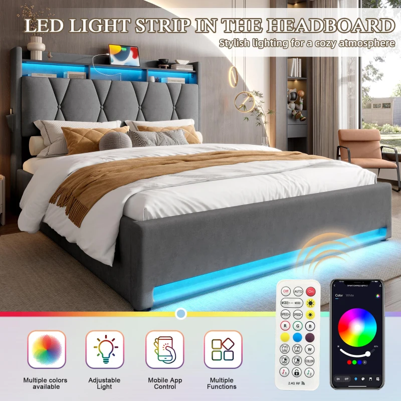 Padded Storage Bed Frame with LED Lighting and USB‑C Charging, Hydraulic Bed with Hidden Storage, 143L x 211W x 116.5H cm, Dark Gray