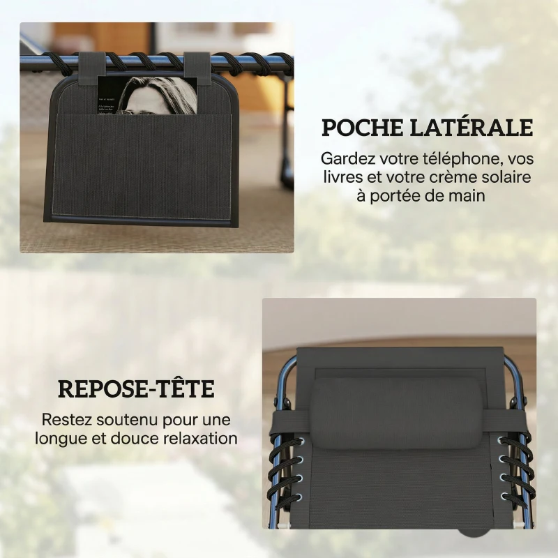 Outsunny Lot de 2 Bains de Soleil Transat de Jardin Matelas XXL 9cm Inclinable 180° Plat Pliable à 5 Positions 200x57x38cm Gris