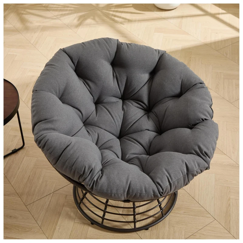 Poltrona Papasan, girevole a 360°, cuscino spesso, struttura in acciaio, 92x92x67 cm, Grigio