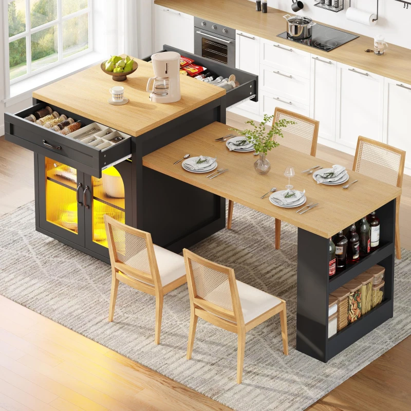 Extendable Kitchen Island with App-Controlled RGB LED Lighting, Versatile Cabinet for Dining or Preparation, 126-196L x 59W x 94H cm, Black