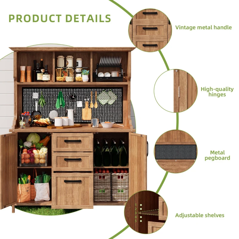 Freestanding Outdoor Cupboard with Drawers, Pegboard and Shelves, Sturdy Storage Cabinet for Kitchen, 120L x 50W x 185H cm, Natural