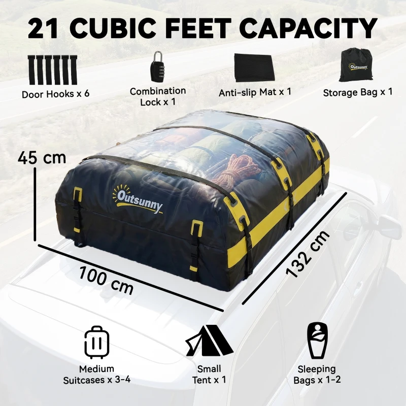 Outsunny Car Roof Bag, 21 Cubic Feet Waterproof Soft Car Roof Box Roofing Cargo Carrier w/ Reflective Arrows, Door Hooks, Yellow