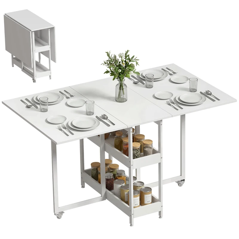 HOMCOM Tavolo Pieghevole a 2 Ribalte per 4 Persone con 2 Ripiani Aperti, Legno e Metallo, 133.4x80x75 cm, Bianco