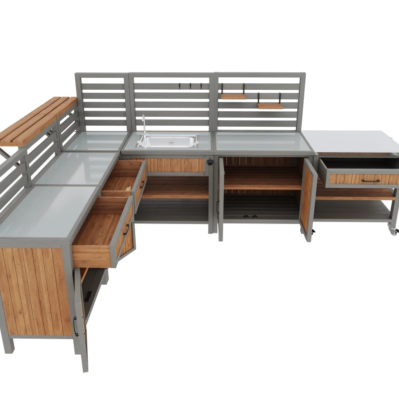 Outdoor BBQ Side Table with Stainless Steel Worktop, Mobile Garden Cabinet with Lockable Castors, 404L x 134.5W x 148.5H cm, Natural