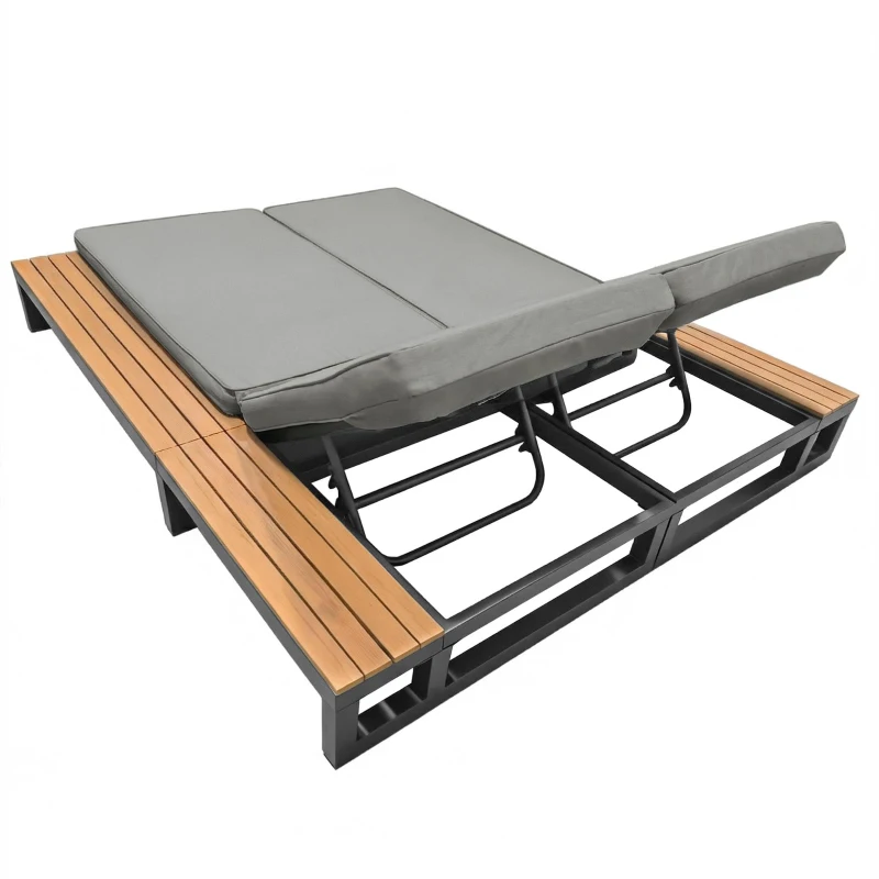 Outdoor Double Daybed with Adjustable Backrest and Thick Cushion, Multifunctional Waterproof Sofa Bed for Patio, 184L x 159W x 73H cm, Gray