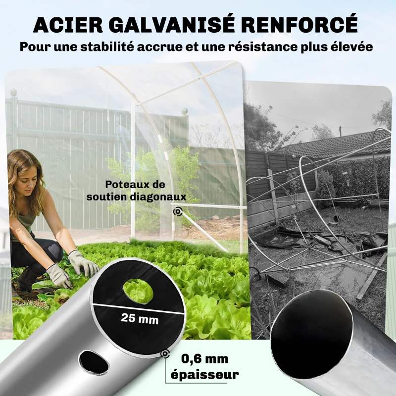 Outsunny Serre tunnel de jardin 18m² serre de jardin tunnel 296x597x199cm cadre acier galvanisé, bâche PE 150g/m² transparent