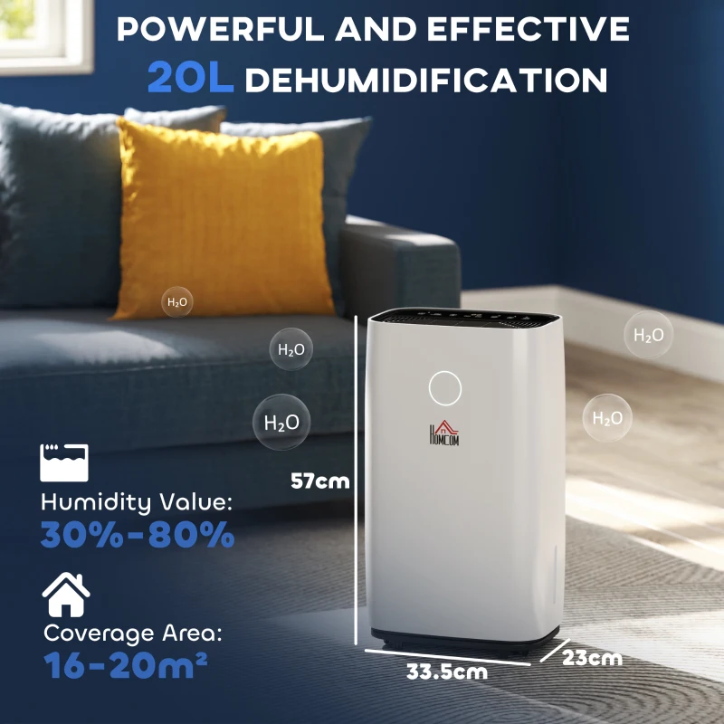 HOMCOM 20L/Day Portable Dehumidifier for Home, with LED Screen, Sleep Mode, 24H Timer, Electric Air Dehumidifier for Damp Laundry Bedroom Basement