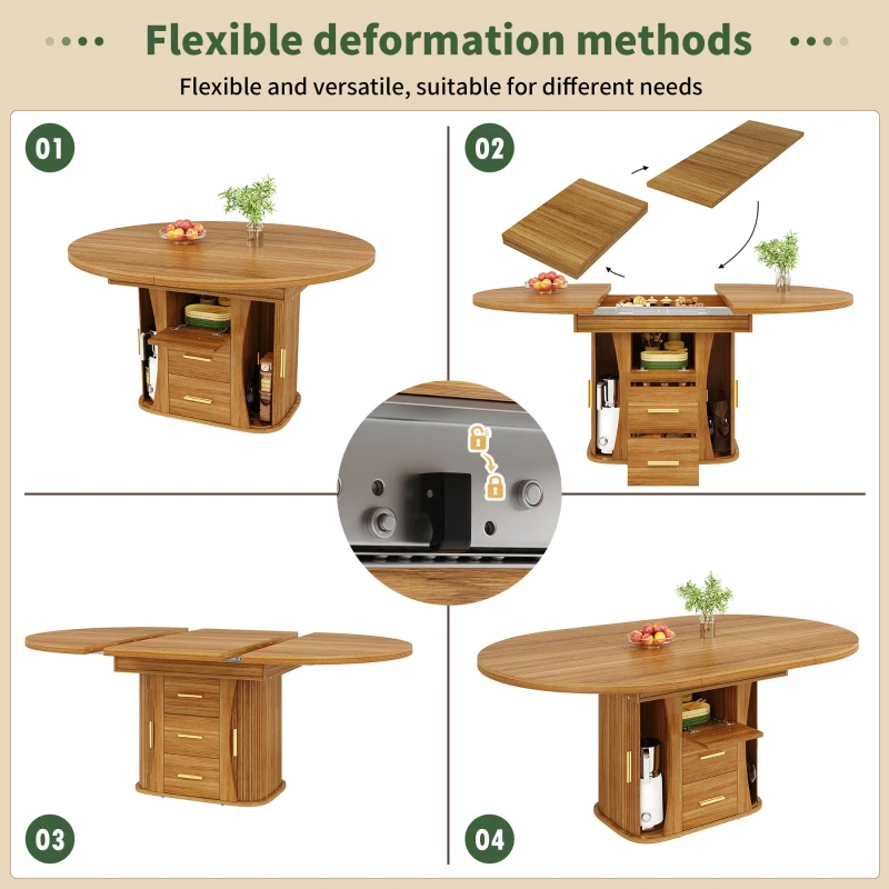Extendable Dining Table with 3-Tier Hidden Storage and Sliding Rail, Round Kitchen Table for 6 People, 118-158L x 118W x 77H cm, Walnut