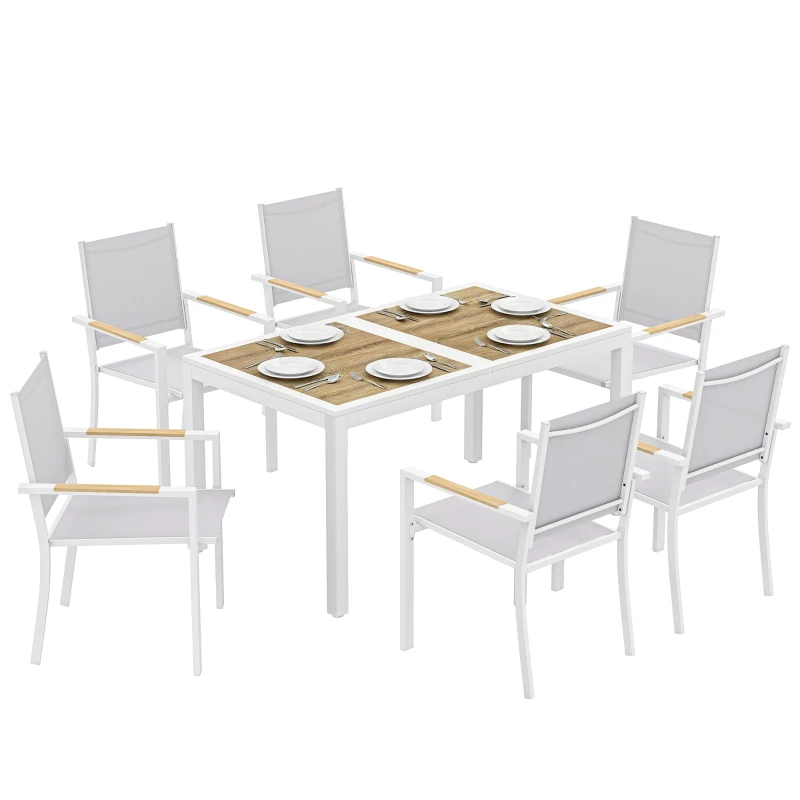 Outsunny Conjunto de Mesa y Sillas Jardín con Mesa de Plástico PSPC y 6 Sillas Apilables Transpirables para Terraza Patio Blanco
