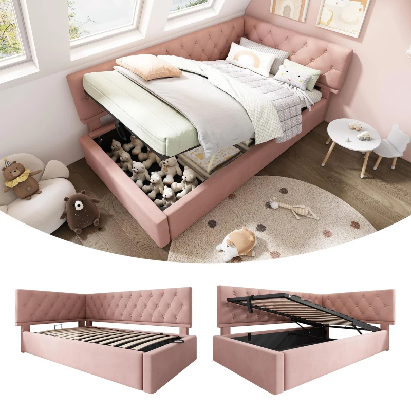 Stylish Upholstered Daybed with Hydraulic Ottoman Storage, L-Shaped Single Sofa Bed with Velvet Fabric, 196L x 100W x 77H cm, Pink