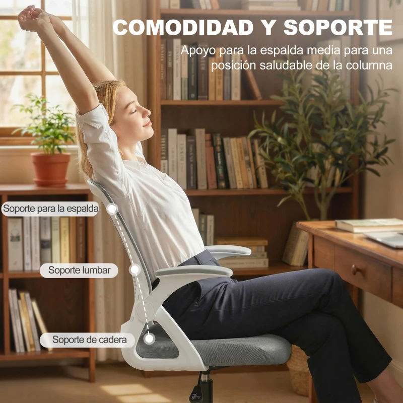 HOMCOM Silla de Escritorio de Malla Silla de Dibujo con Reposabrazos Abatibles Altura Ajustable Reposapiés Gris