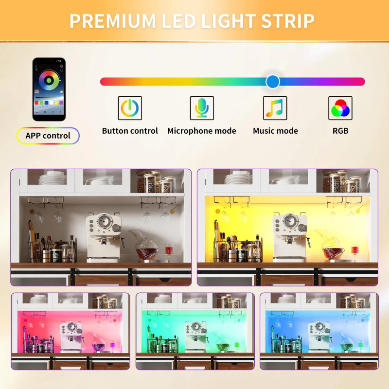 Modern Cabinet with App-Controlled RGB LED Lighting and Music Sync, Tall Sideboard with Adjustable Shelves, 104L x 40W x 180H cm, White