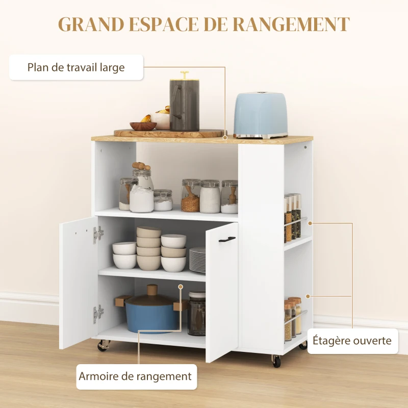 HOMCOM Desserte de cuisine à roulettes, Îlot central cuisine avec plan de travail et étagère réglable, 75x40x80,5cm, blanc